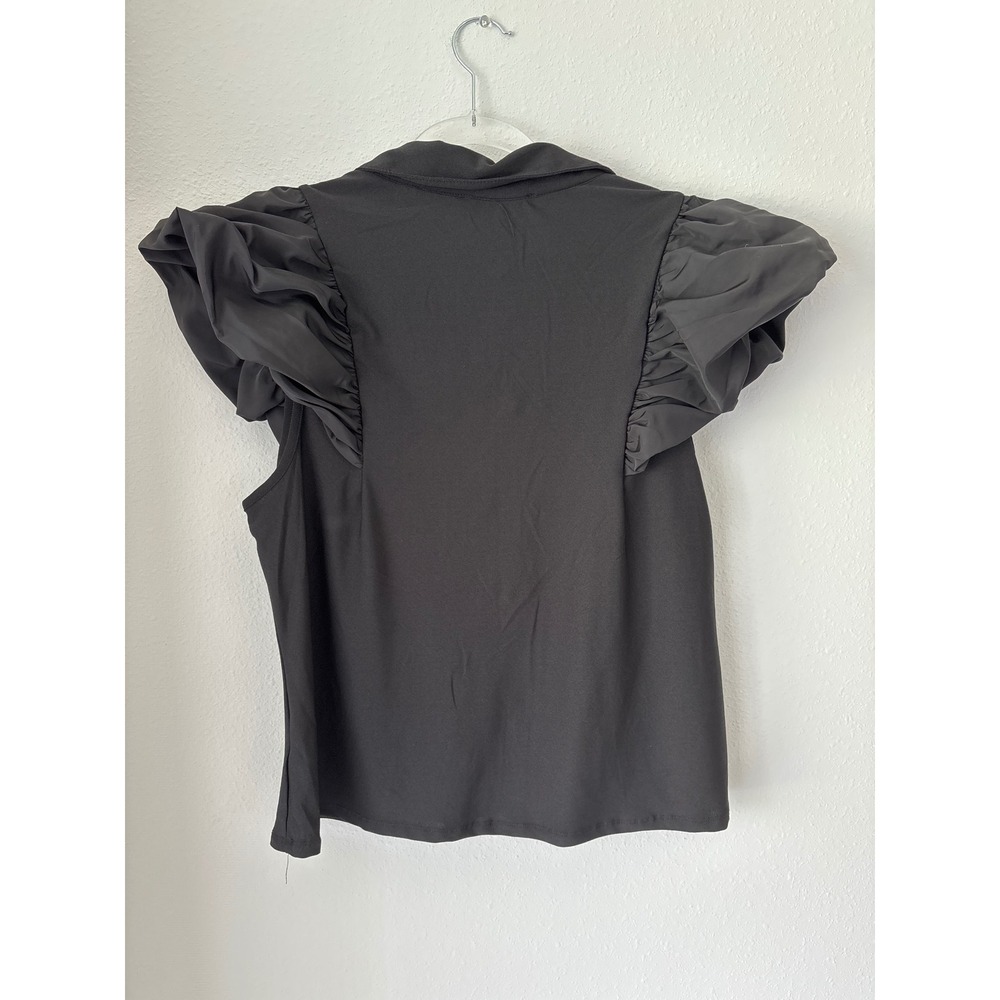 Pearl Button Black Ruffle Puff sleeve Blouse - Picture 3 of 14